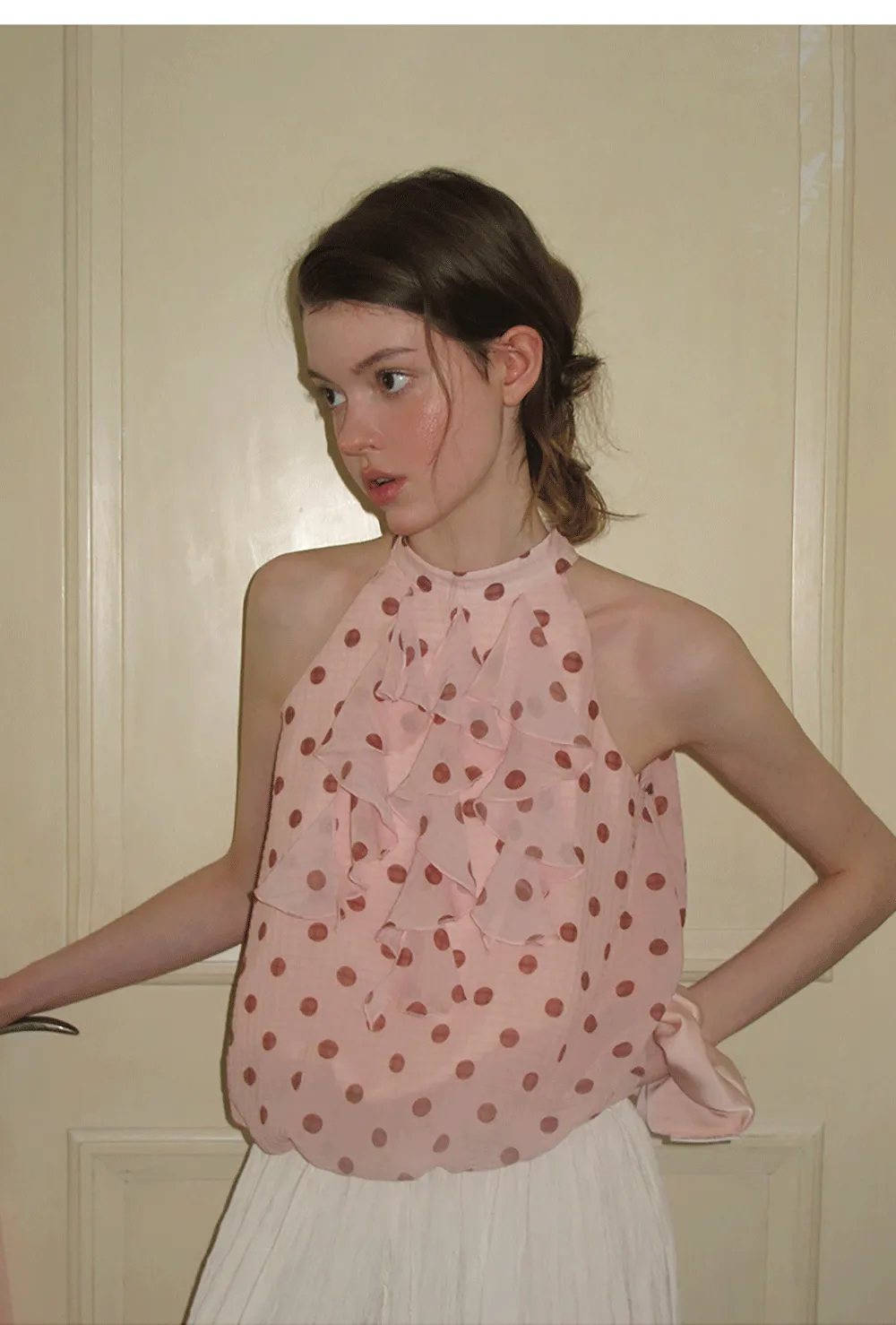 Ruffled Halter Neck Polka Dot Chiffon Tank Top