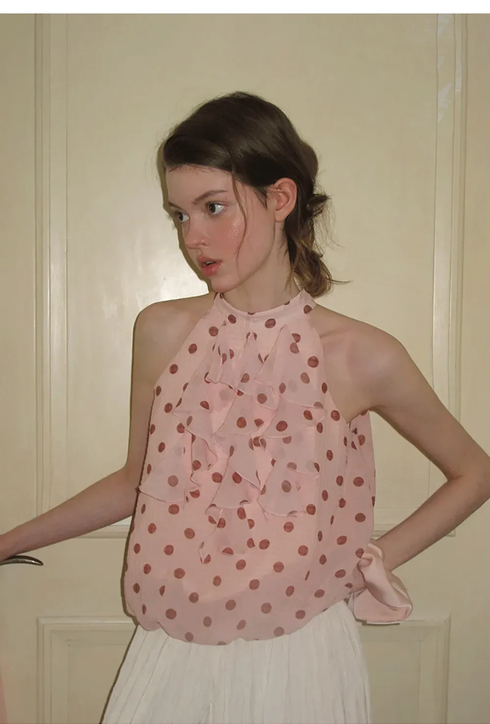 Ruffled Halter Neck Polka Dot Chiffon Tank Top