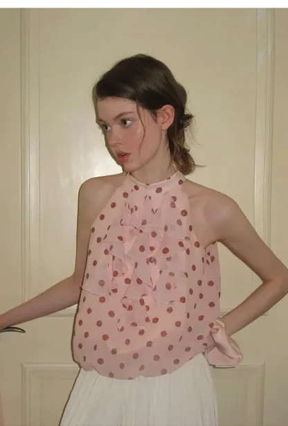 Ruffled Halter Neck Polka Dot Chiffon Tank Top