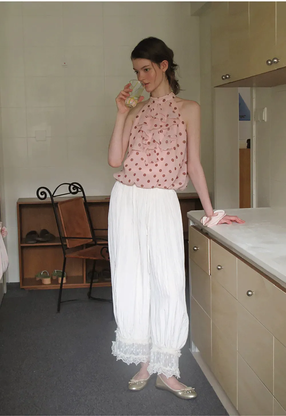 Ruffled Halter Neck Polka Dot Chiffon Tank Top