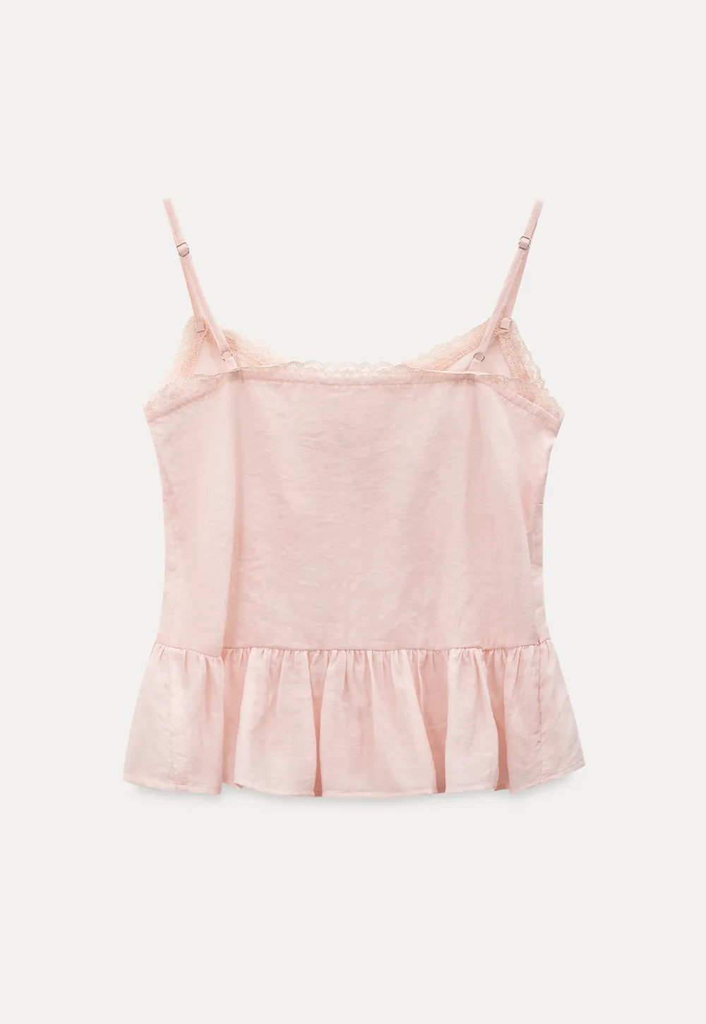 Sheer lace trim camisole with front tie and peplum hem