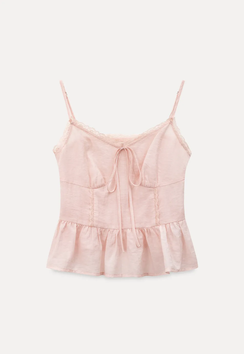 Sheer lace trim camisole with front tie and peplum hem