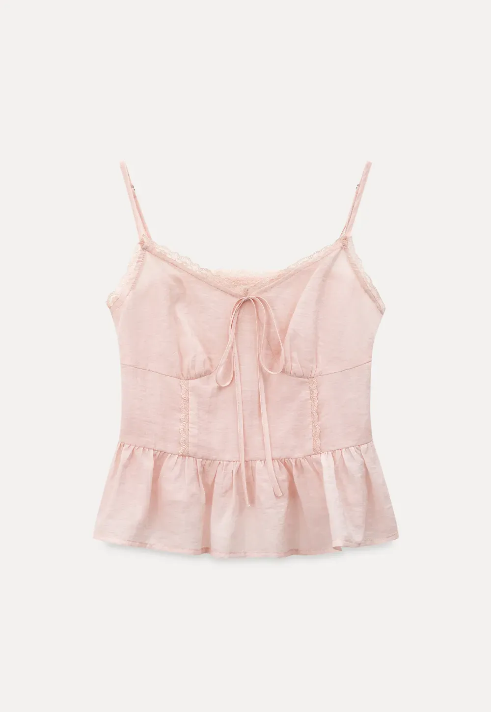 Sheer lace trim camisole with front tie and peplum hem