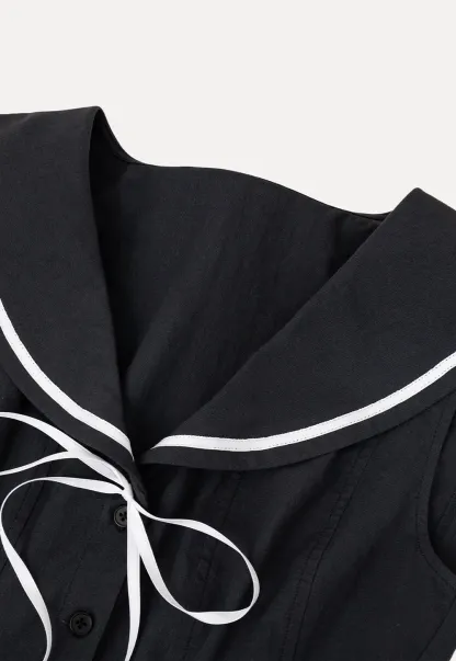 Sailor Collar Drawstring Front Sleeveless Top