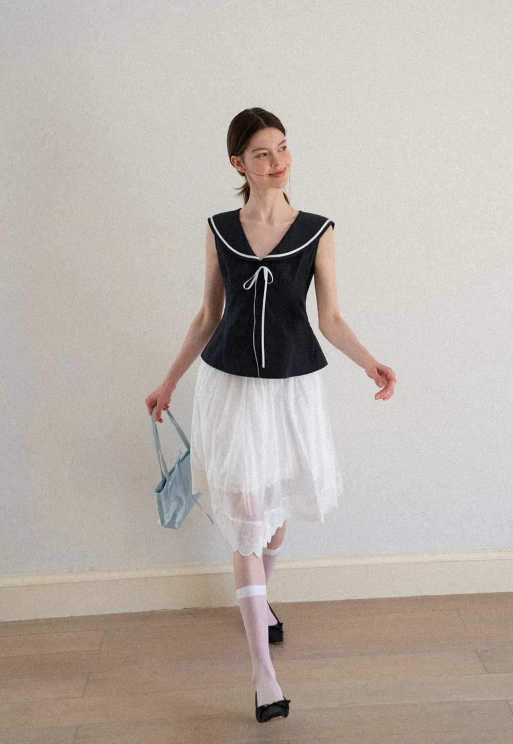 Sailor Collar Drawstring Front Sleeveless Top