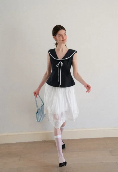 Sailor Collar Drawstring Front Sleeveless Top