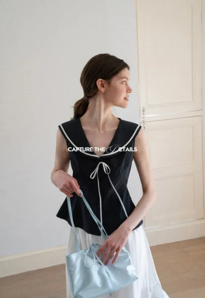 Sailor Collar Drawstring Front Sleeveless Top