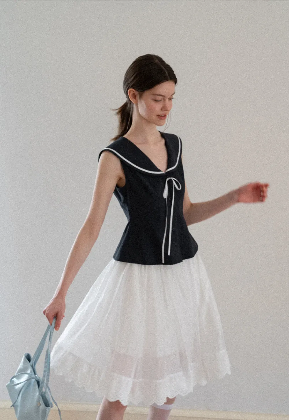 Sailor Collar Drawstring Front Sleeveless Top