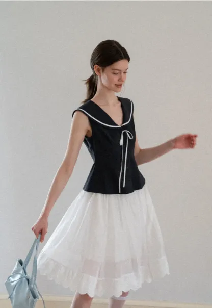 Sailor Collar Drawstring Front Sleeveless Top