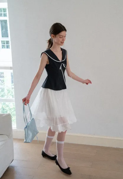 Sailor Collar Drawstring Front Sleeveless Top