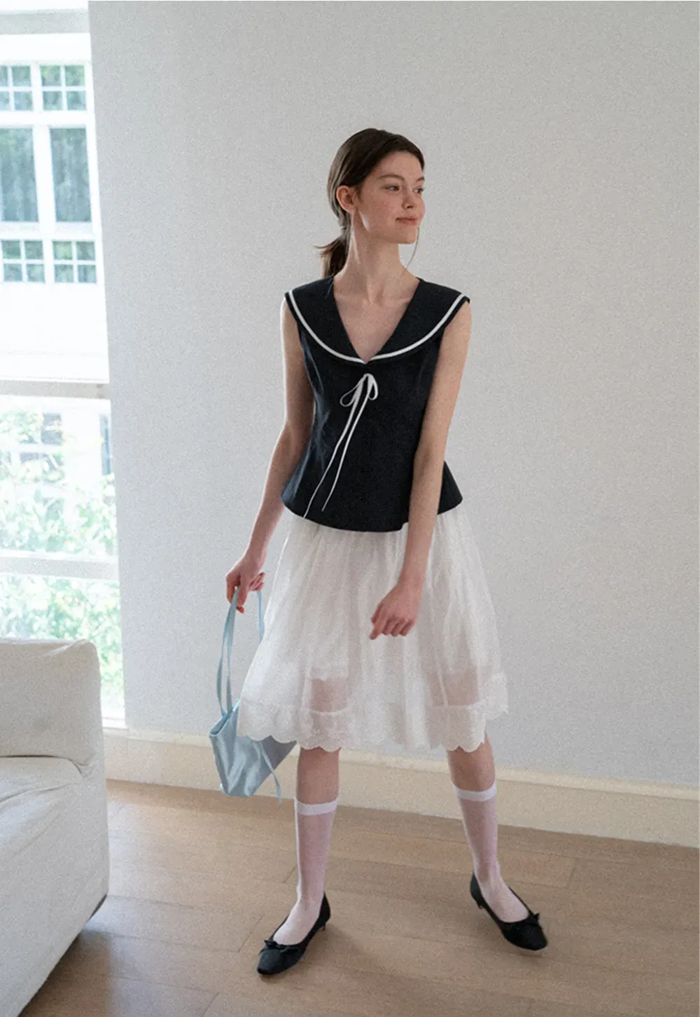 Sailor Collar Drawstring Front Sleeveless Top