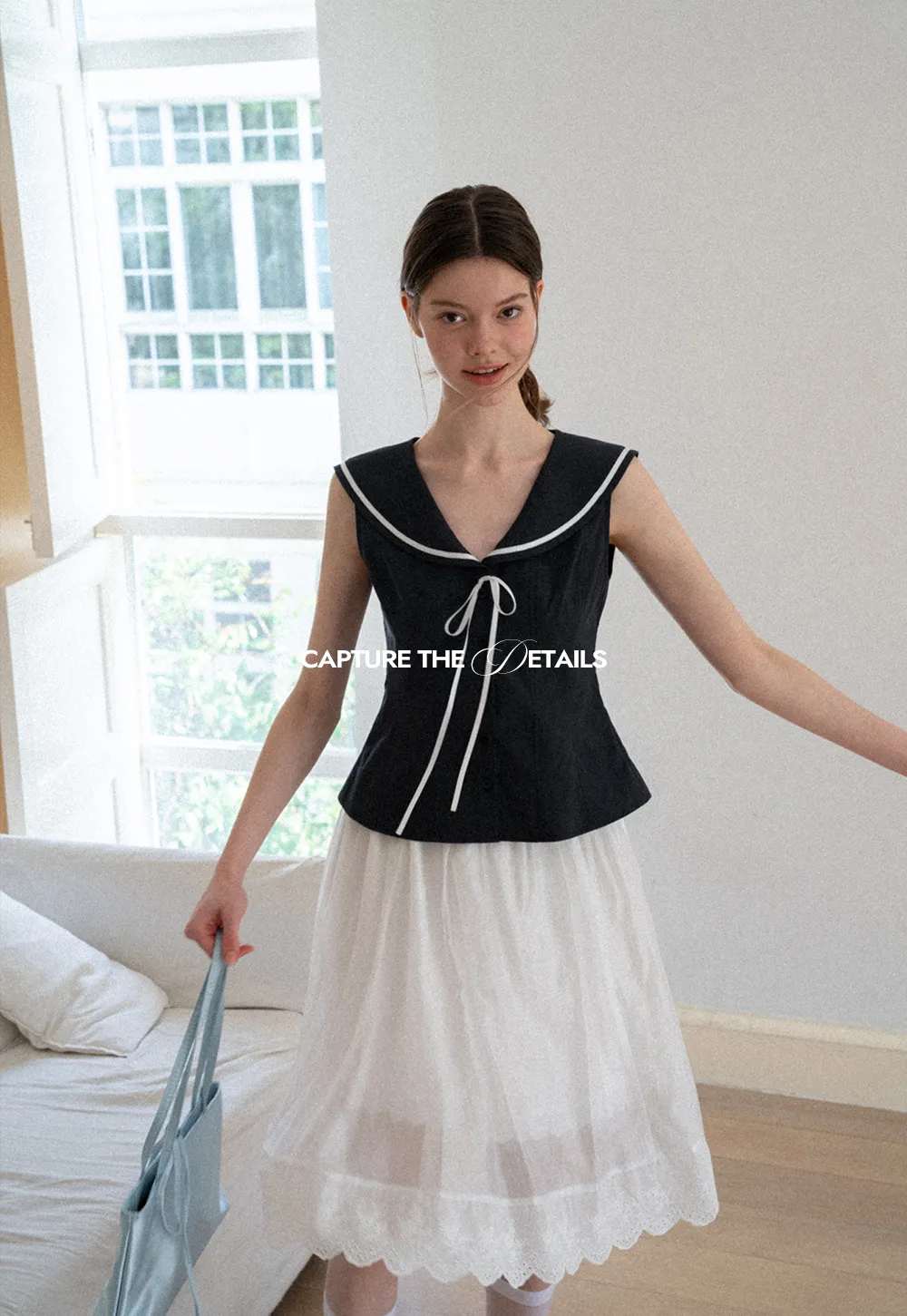 Sailor Collar Drawstring Front Sleeveless Top