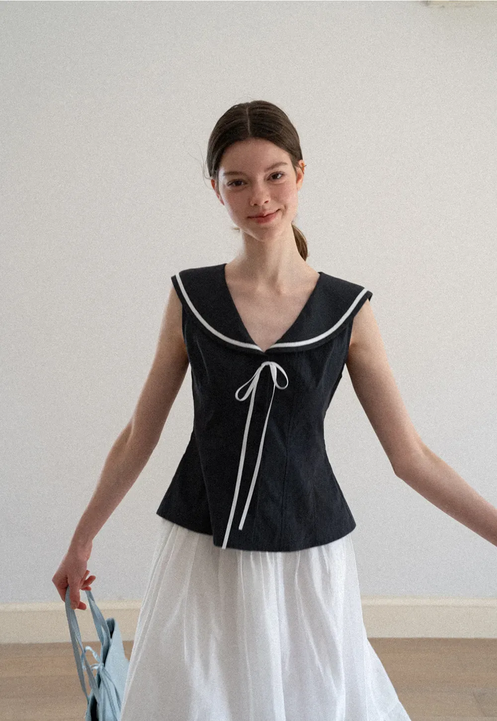 Sailor Collar Drawstring Front Sleeveless Top