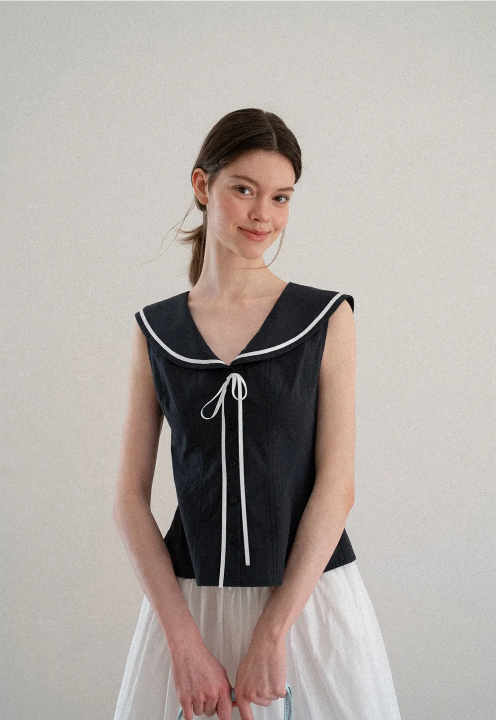 Sailor Collar Drawstring Front Sleeveless Top