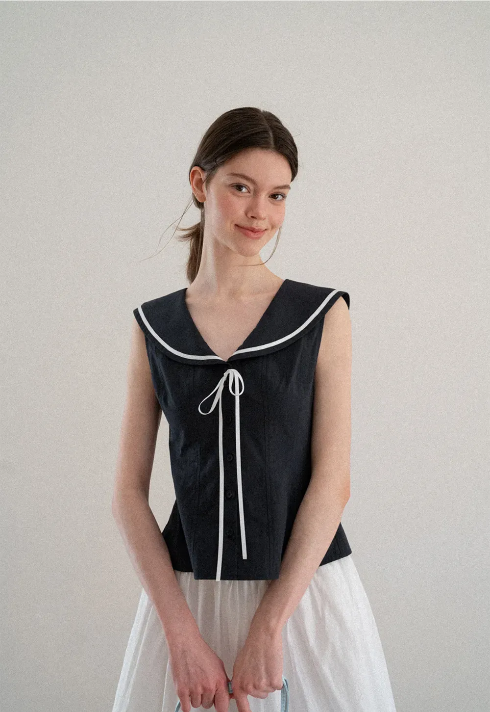 Sailor Collar Drawstring Front Sleeveless Top