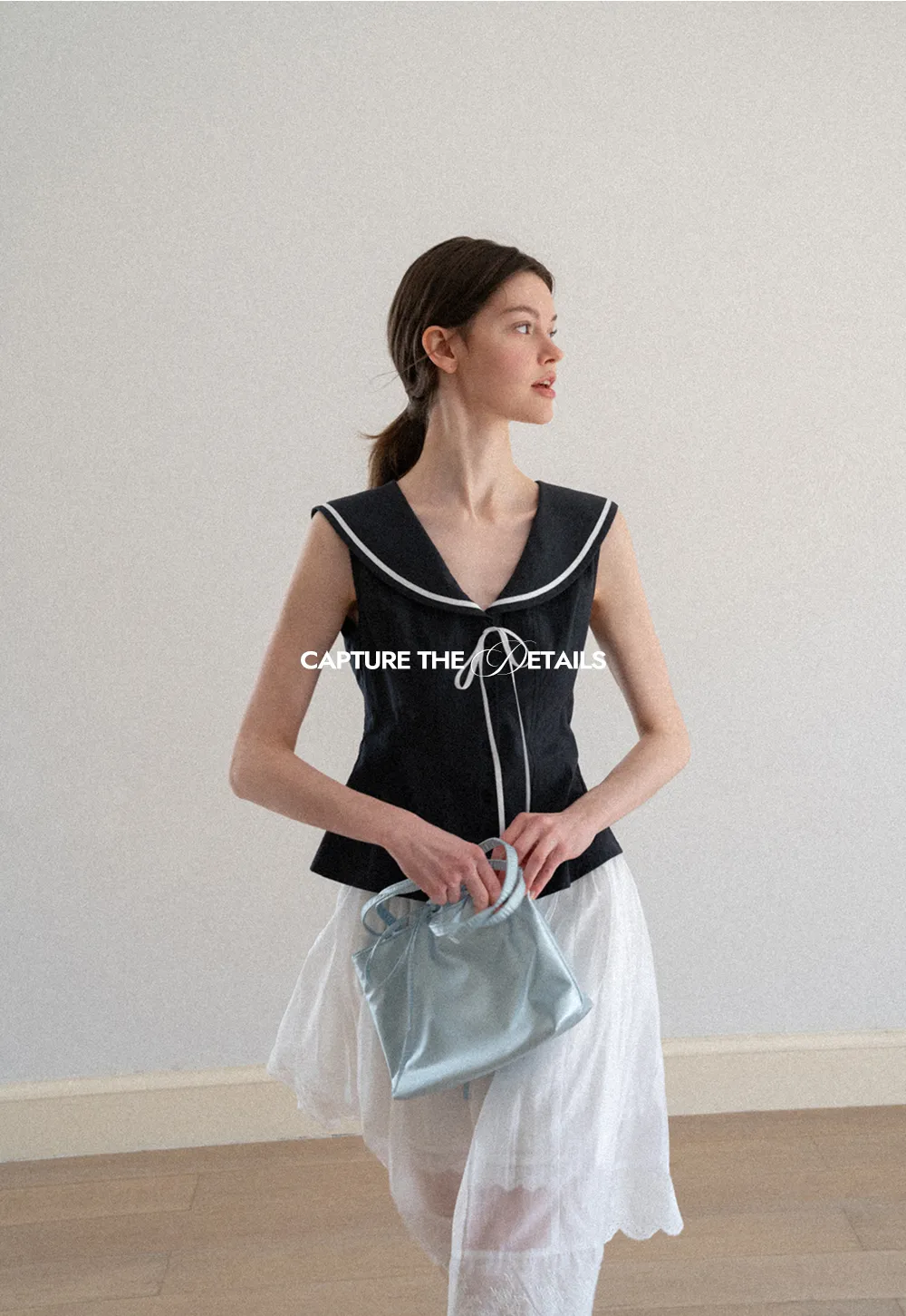 Sailor Collar Drawstring Front Sleeveless Top