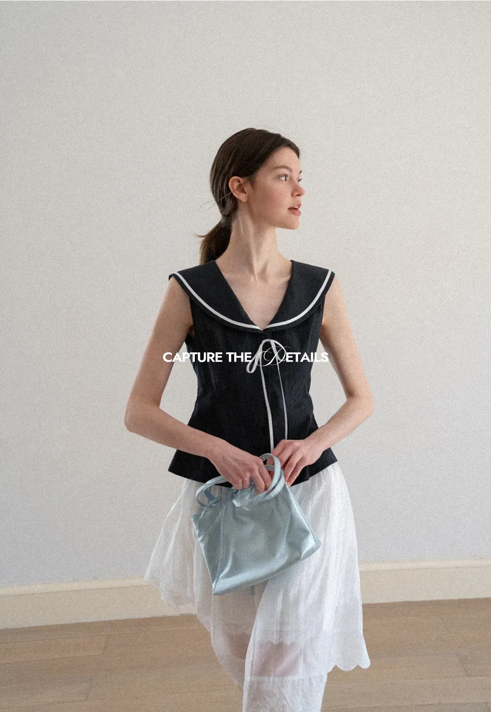 Sailor Collar Drawstring Front Sleeveless Top