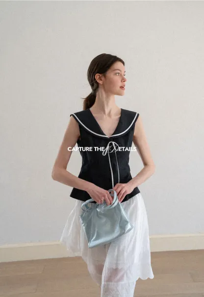 Sailor Collar Drawstring Front Sleeveless Top