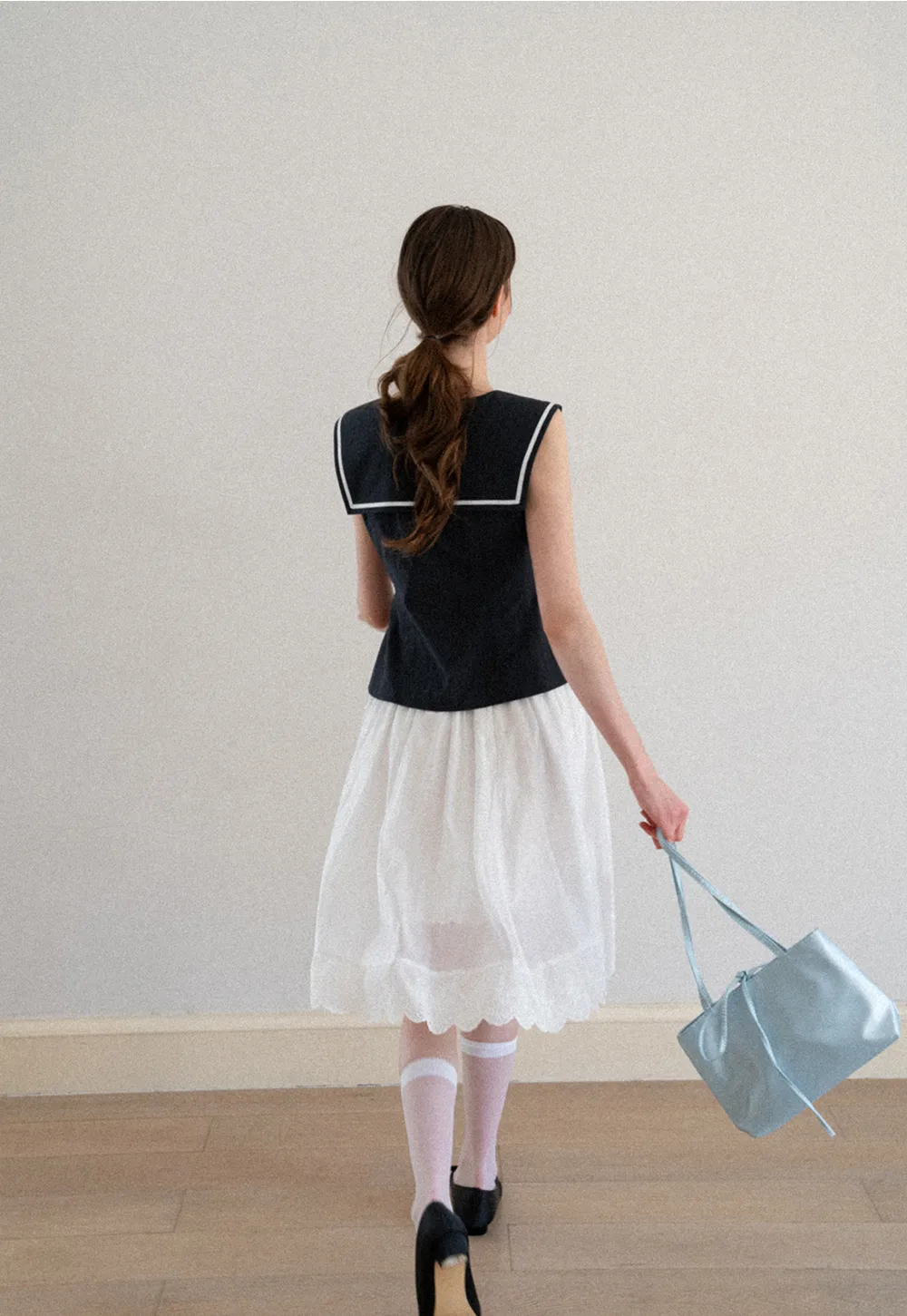 Sailor Collar Drawstring Front Sleeveless Top