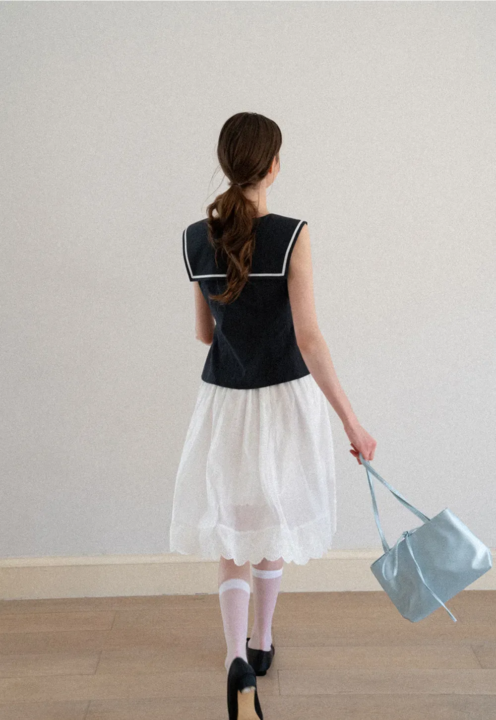 Sailor Collar Drawstring Front Sleeveless Top