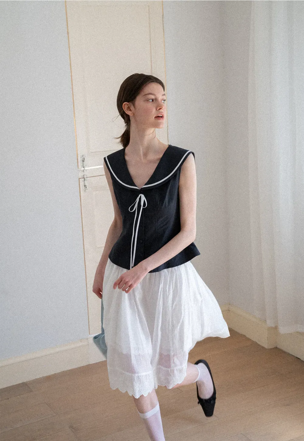 Sailor Collar Drawstring Front Sleeveless Top