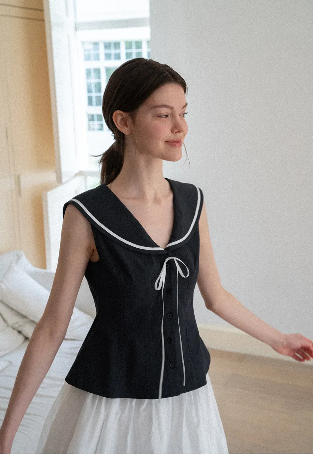 Sailor Collar Drawstring Front Sleeveless Top