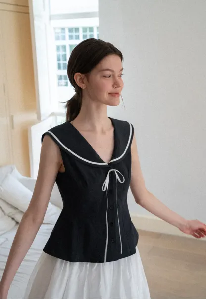 Sailor Collar Drawstring Front Sleeveless Top
