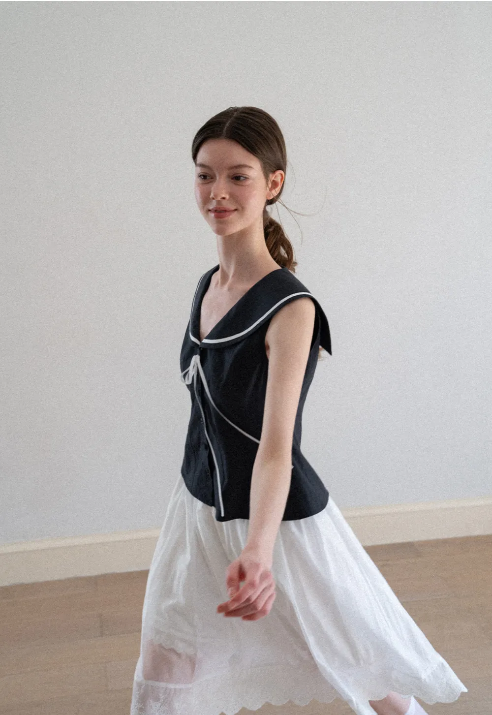 Sailor Collar Drawstring Front Sleeveless Top