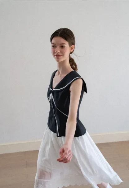 Sailor Collar Drawstring Front Sleeveless Top