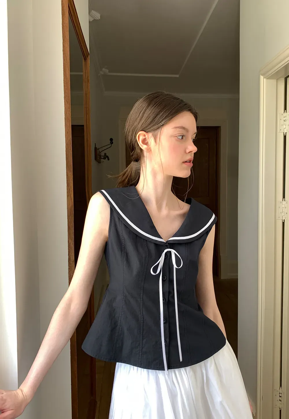 Sailor Collar Drawstring Front Sleeveless Top