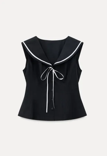 Sailor Collar Drawstring Front Sleeveless Top