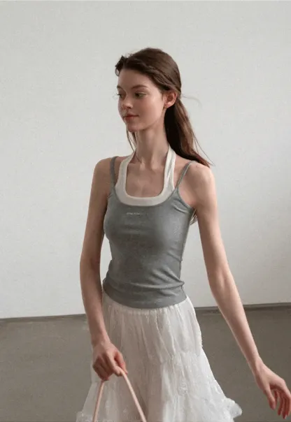 Contrast Trim Halter Neck Tank Top