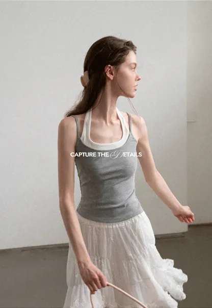 Contrast Trim Halter Neck Tank Top