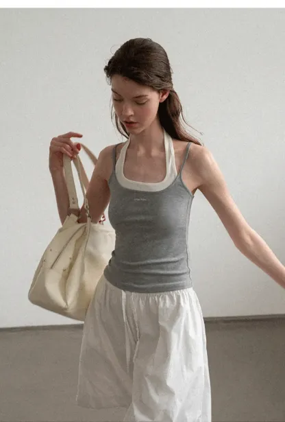 Contrast Trim Halter Neck Tank Top