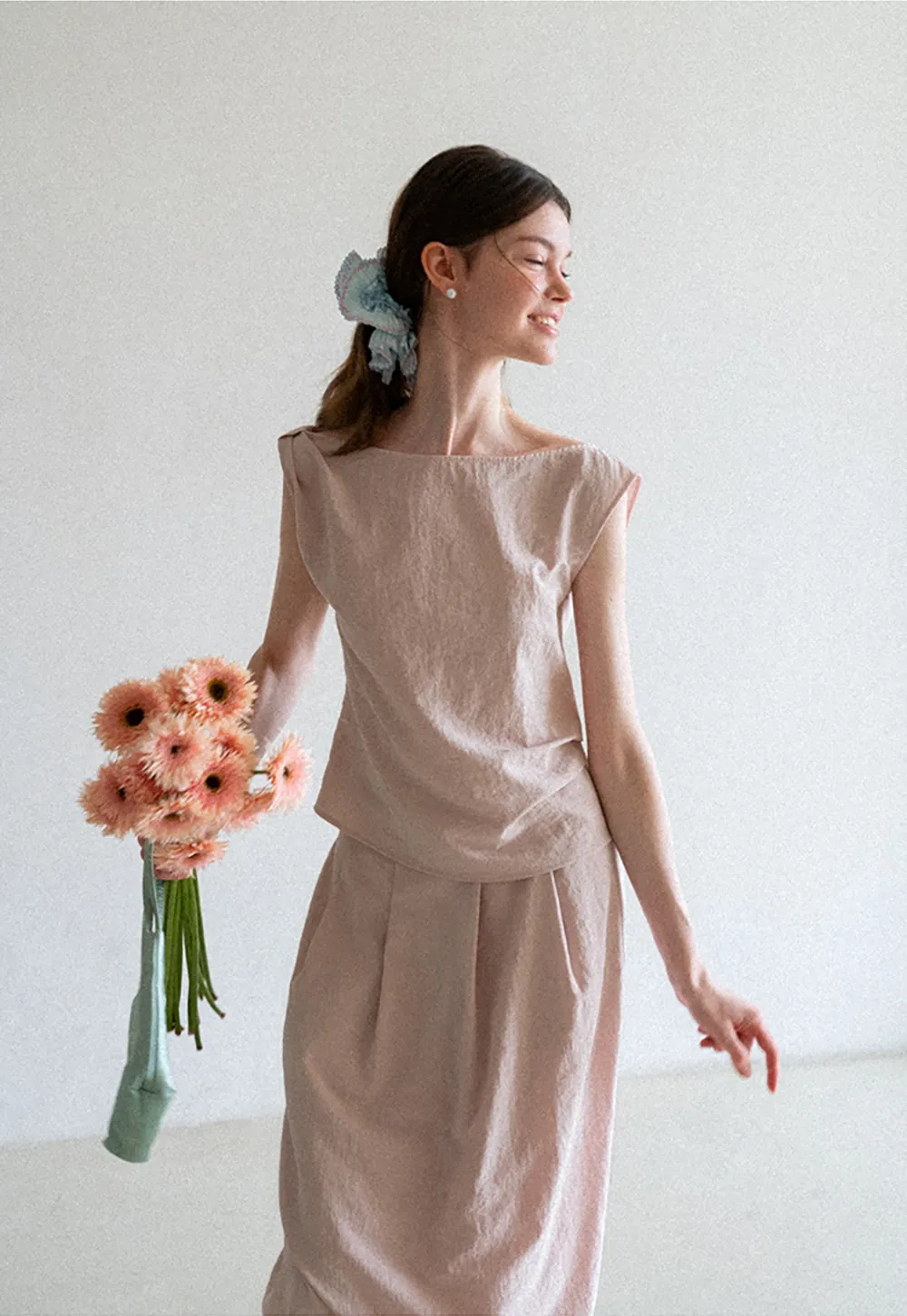 Square Neck Sleeveless Top With Pleated Midi Skirt Set