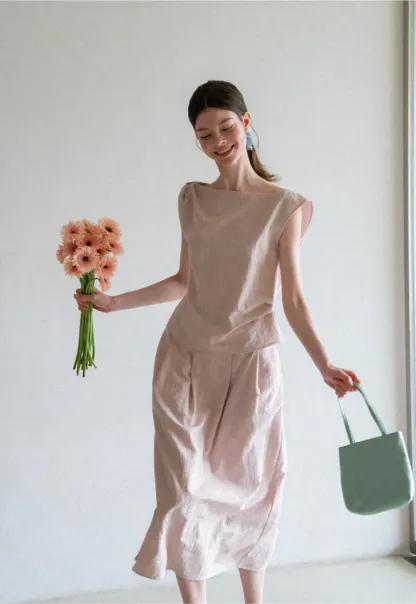 Square Neck Sleeveless Top With Pleated Midi Skirt Set