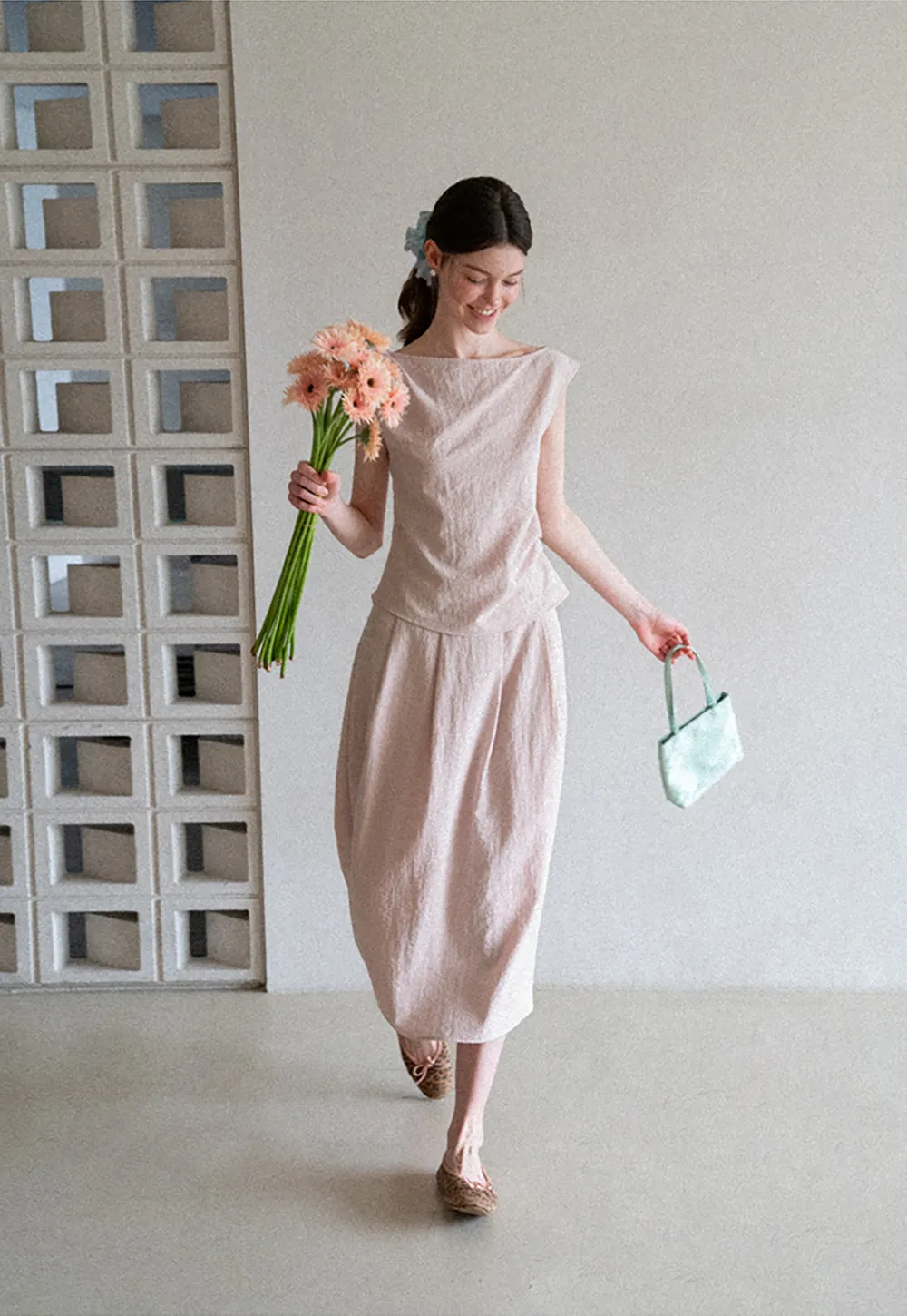 Square Neck Sleeveless Top With Pleated Midi Skirt Set