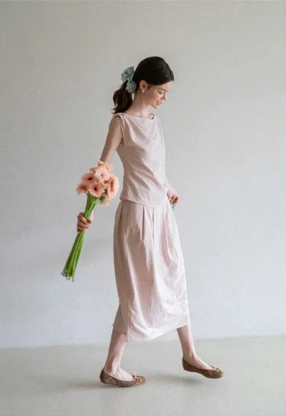 Square Neck Sleeveless Top With Pleated Midi Skirt Set