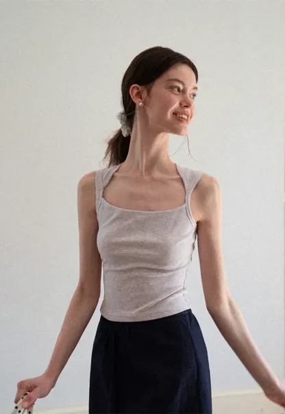 Ribbed Knit Square Neck Sleeveless Top