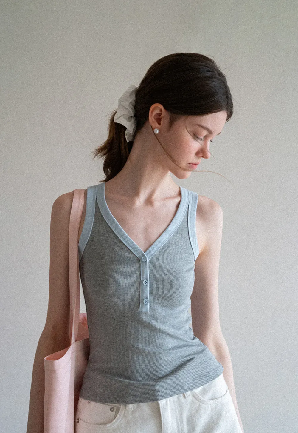 V Neck Button Front Ribbed Knit Tank Top