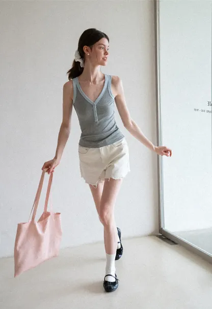 V Neck Button Front Ribbed Knit Tank Top