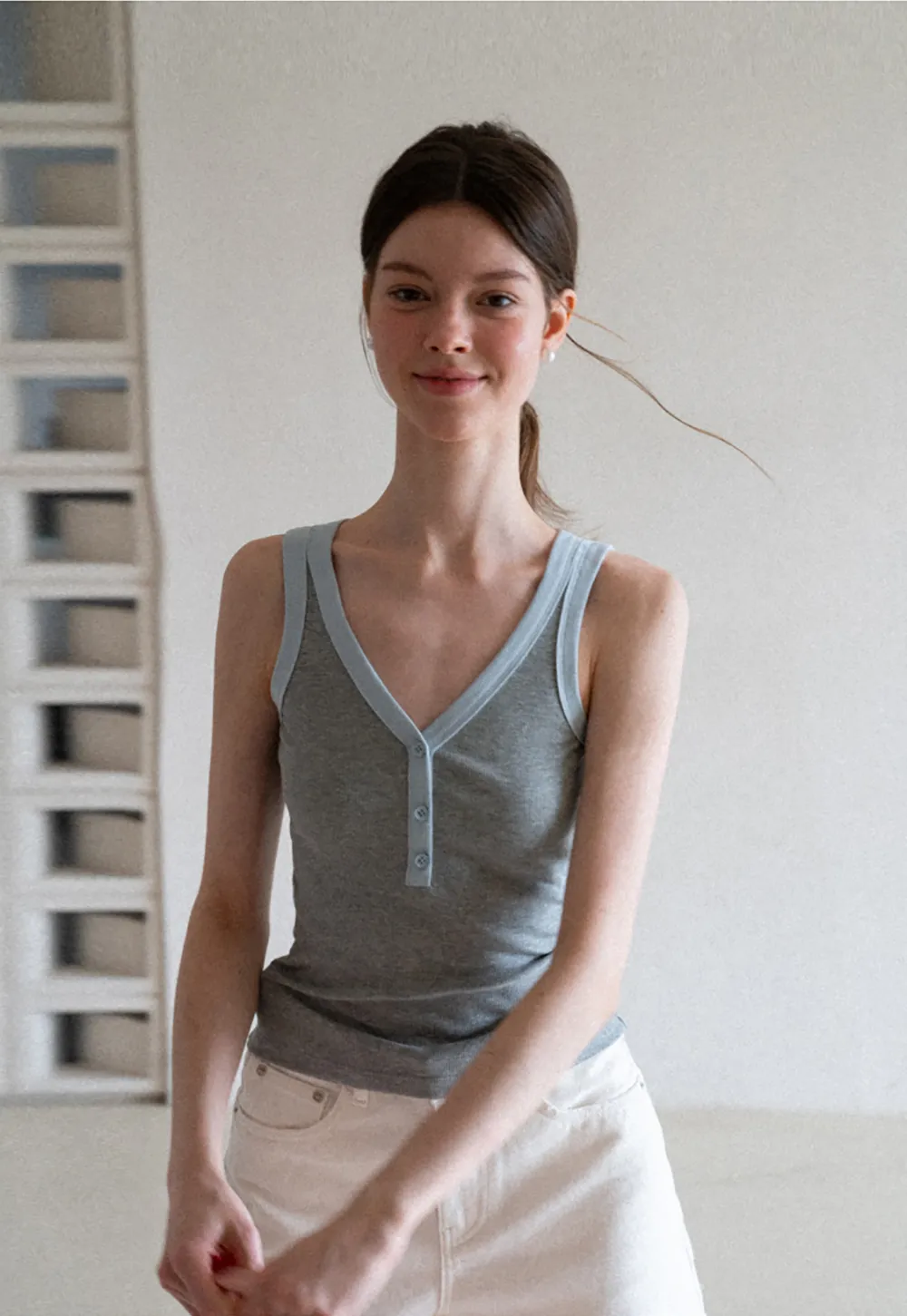V Neck Button Front Ribbed Knit Tank Top