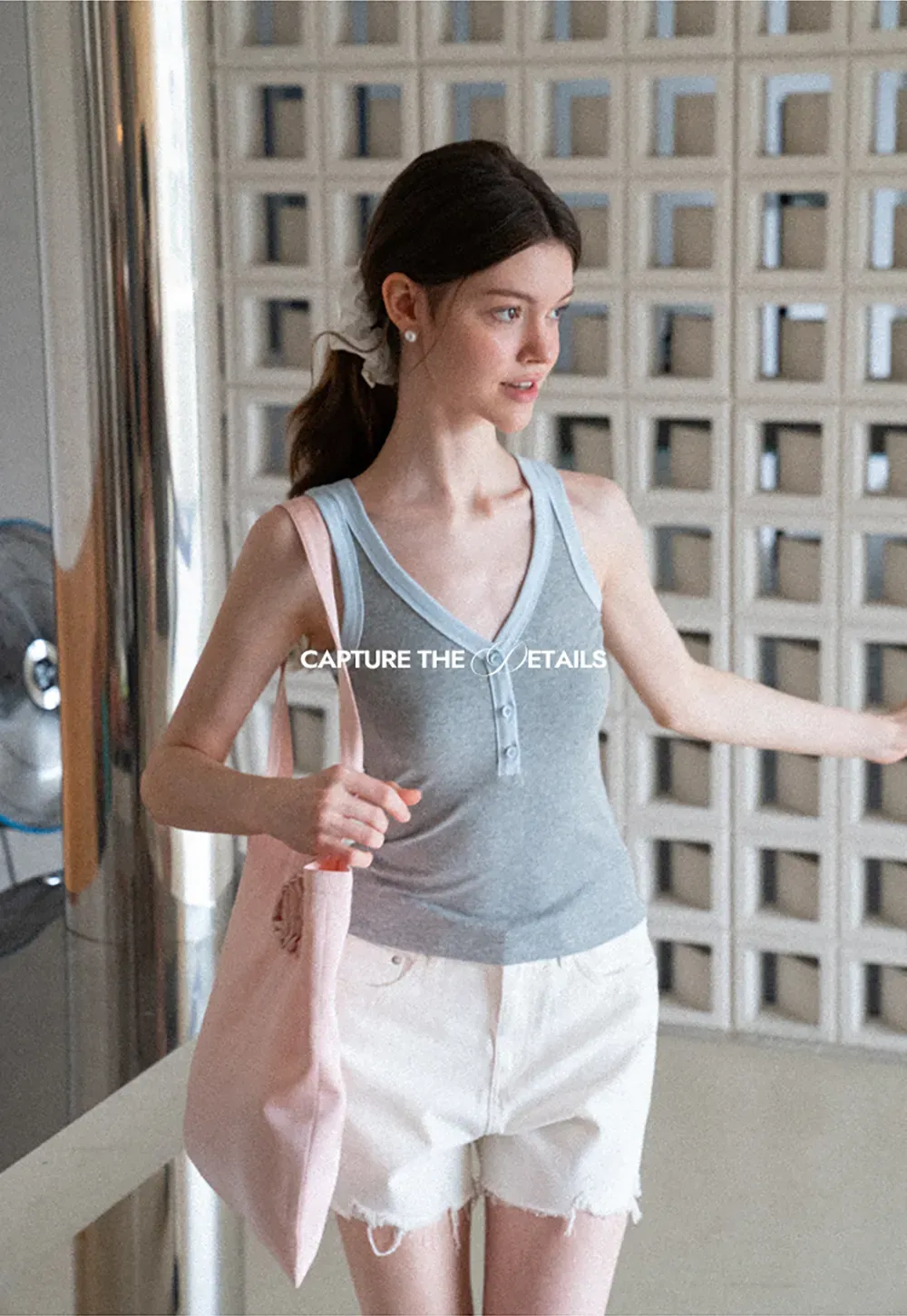 V Neck Button Front Ribbed Knit Tank Top