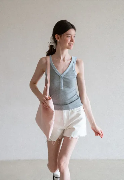 V Neck Button Front Ribbed Knit Tank Top