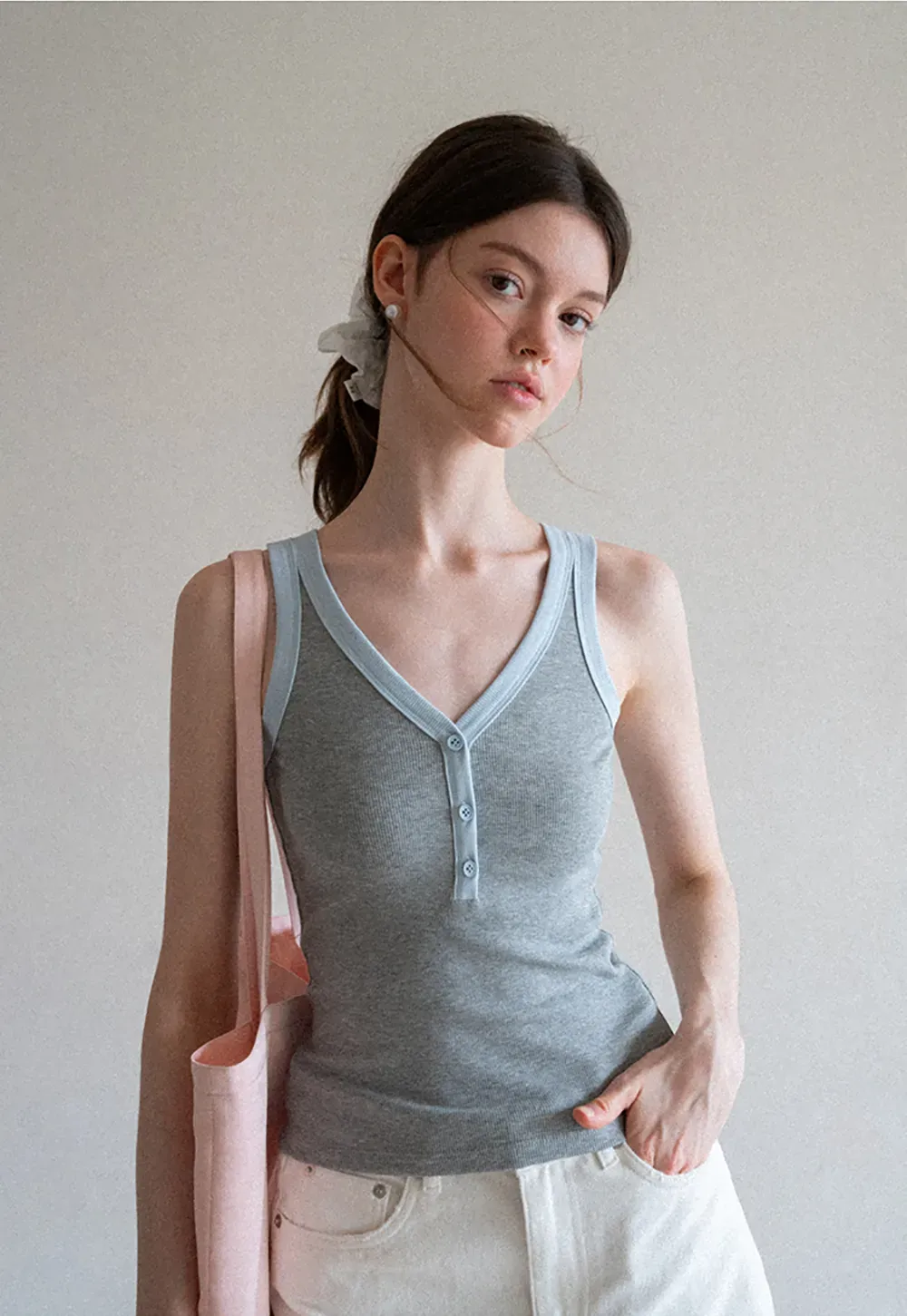V Neck Button Front Ribbed Knit Tank Top
