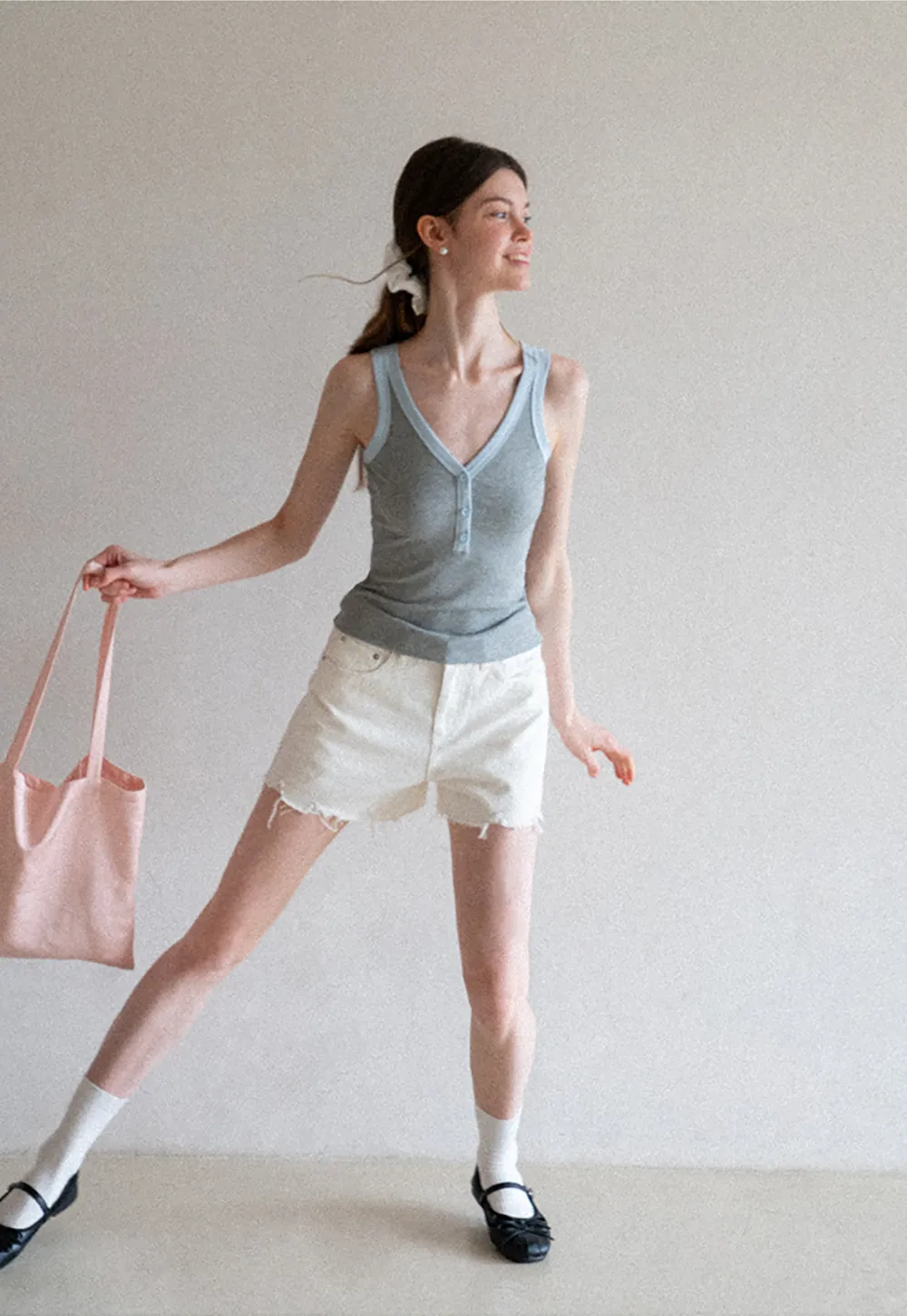 V Neck Button Front Ribbed Knit Tank Top