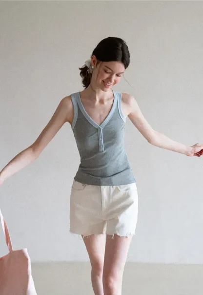 V Neck Button Front Ribbed Knit Tank Top