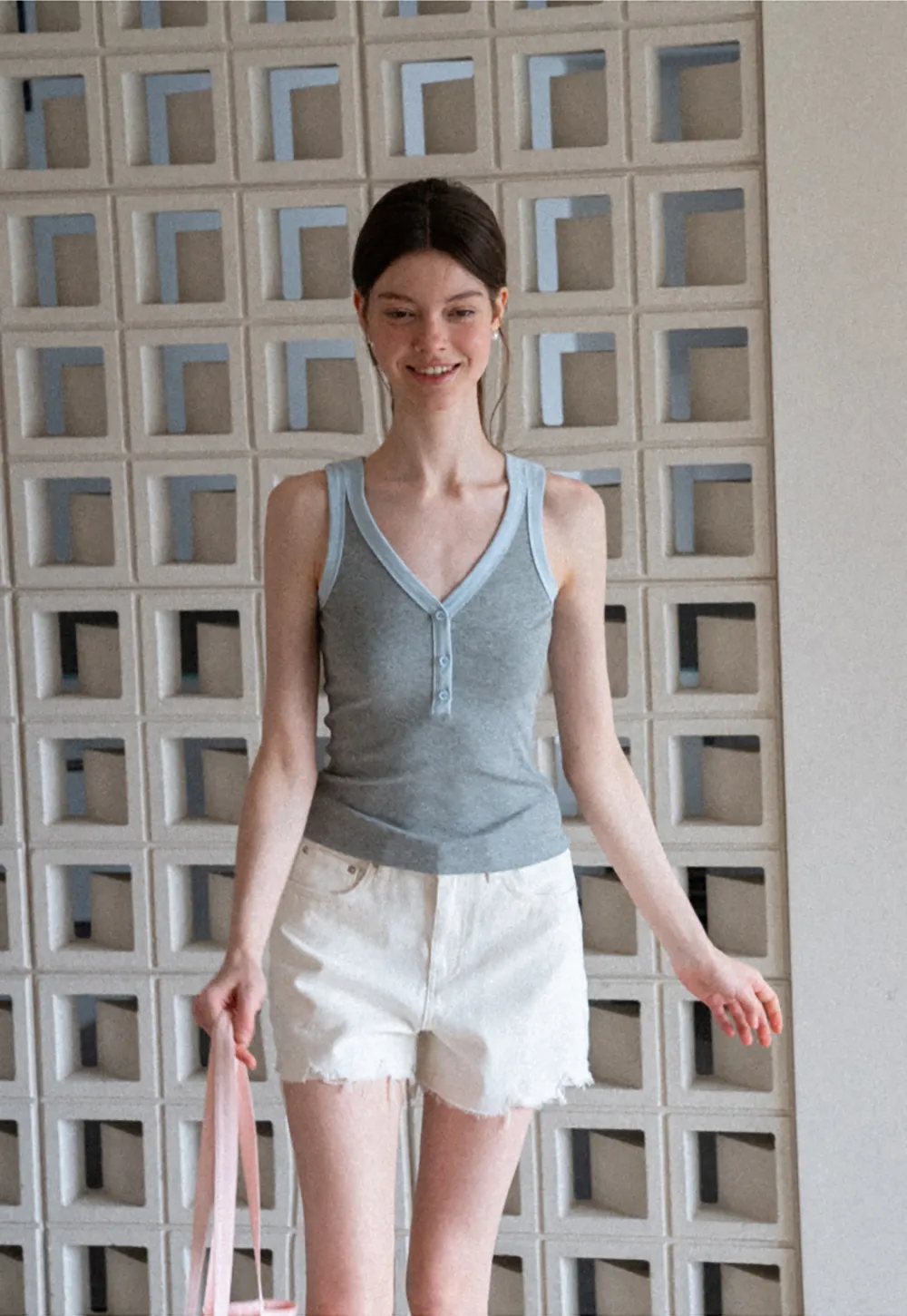 V Neck Button Front Ribbed Knit Tank Top