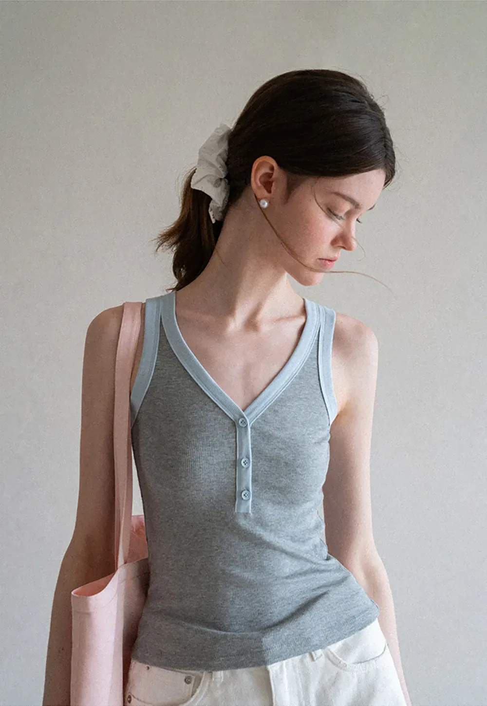 V Neck Button Front Ribbed Knit Tank Top