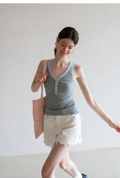 V Neck Button Front Ribbed Knit Tank Top